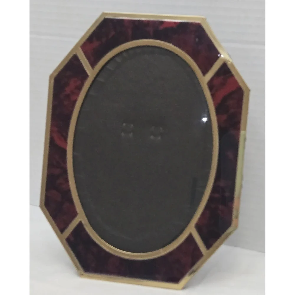 MCM Vintage Brass & Red Faux Tortoise Octagon Tabletop Frame Oval Glass Window